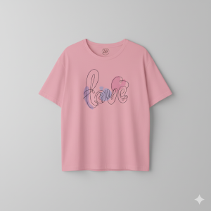 Love Heart T-Shirt in Pink – Cotton Jersey Drop Shoulder Unisex Tee