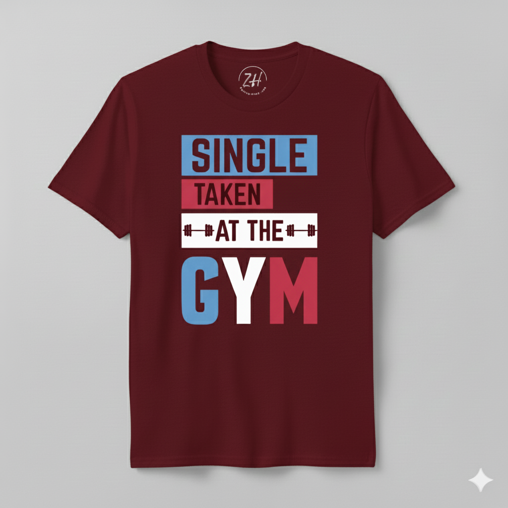 Maroon Gym T-Shirt with SINGLE TAKEN AT THE GYM Fitness Slogan